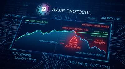 Aave protocol logo with broken oracle price feed graphic showing wstETH price discrepancy on a dark blue blockchain-themed background