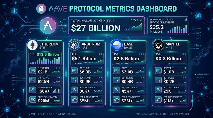 Aave protocol metrics showing TVL and revenue performance across chains
