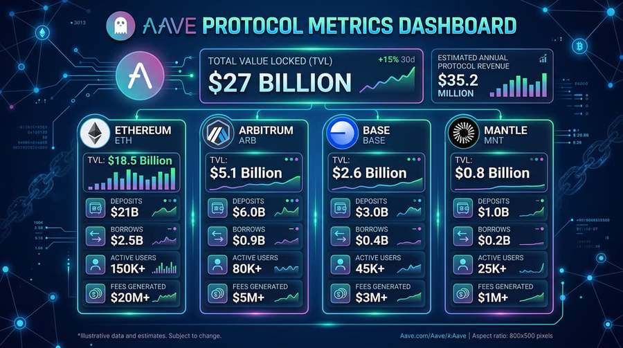 Aave protocol metrics showing TVL and revenue performance across chains