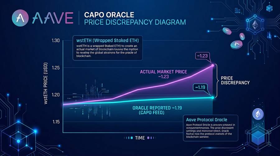 Diagram showing the Aave CAPO oracle price discrepancy between reported and actual wstETH values