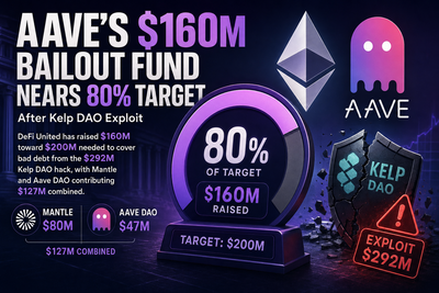 Diagram showing DeFi United bailout fund contributions from Mantle, Aave DAO, and Stani Kulechov totaling $160M toward $200M target