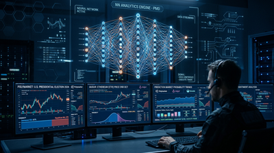 AI neural network analyzing prediction market data with trading charts and probability graphs