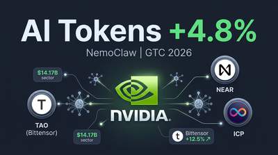 Nvidia logo with AI neural network nodes connecting to crypto token symbols including TAO, NEAR, and ICP on a dark futuristic background representing the AI token rally