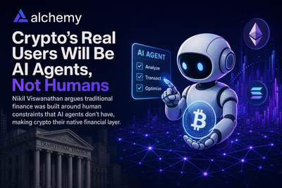 Diagram showing AI agents operating on crypto infrastructure while humans interact through simplified interfaces above