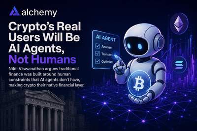 Diagram showing AI agents operating on crypto infrastructure while humans interact through simplified interfaces above