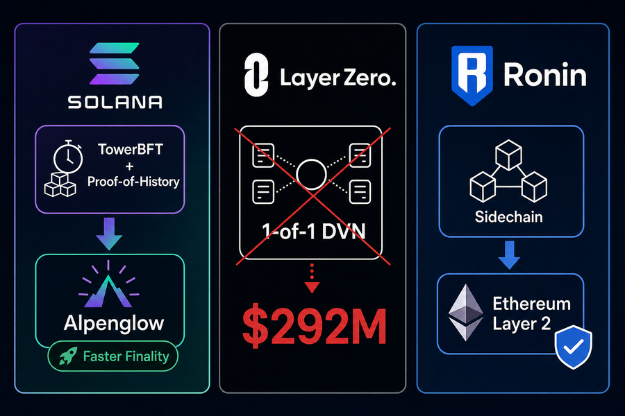 Diagram showing Solana&rsquo;s Alpenglow consensus transition, LayerZero&rsquo;s DVN configuration issue, and Ronin&rsquo;s layer-2 migration