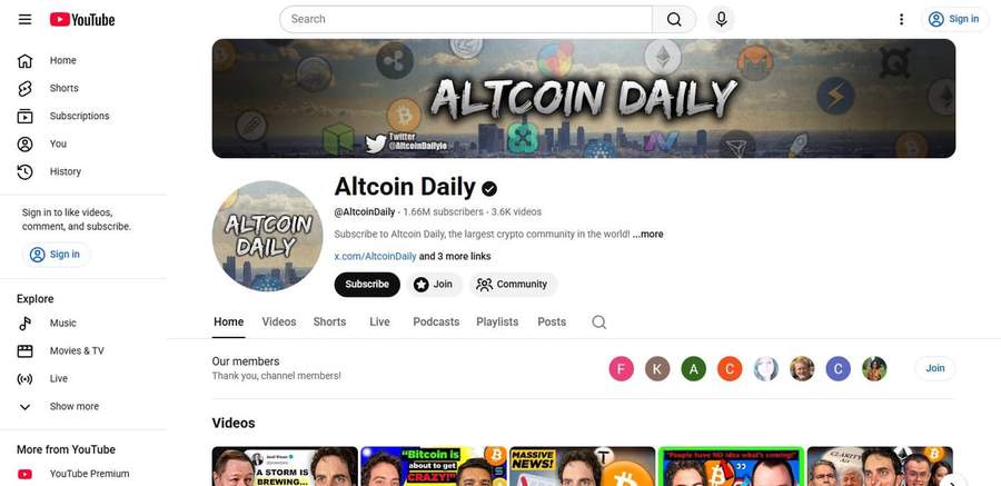 Screenshot of the Altcoin Daily YouTube channel page