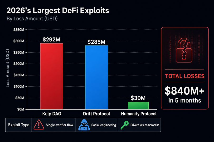Bar chart showing 2026’s largest DeFi exploits including Kelp DAO at $292M, Drift Protocol at $285M, and Humanity Protocol at $30M