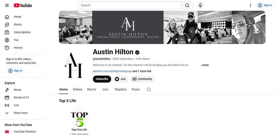 Screenshot of the Austin Hilton YouTube channel page