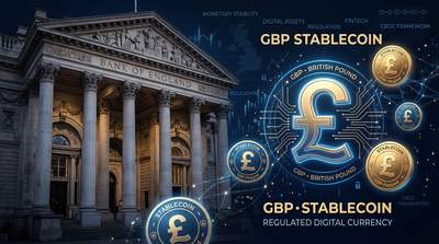 Bank of England building facade combined with British pound symbol and stablecoin token graphics on a dark blue financial-themed background