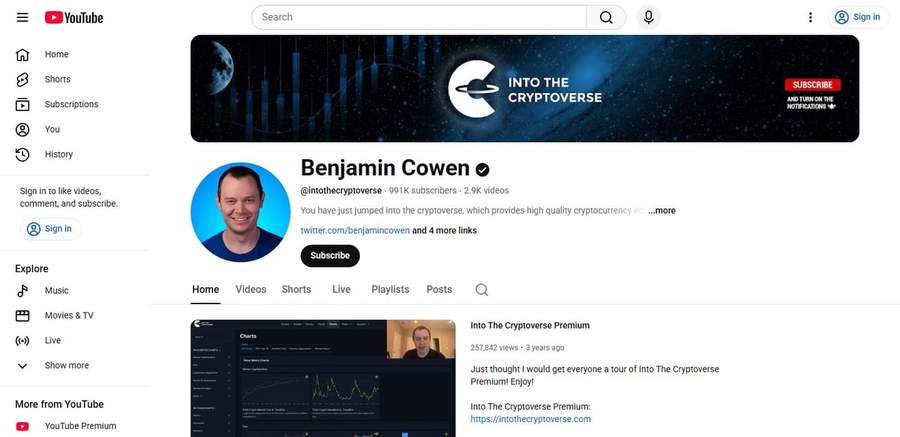 Screenshot of the Benjamin Cowen (Into The Cryptoverse) YouTube channel page