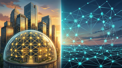 Traditional bank building contrasted with digital blockchain network visualization