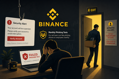 Binance security team running simulated phishing attacks on employees with red warning indicators