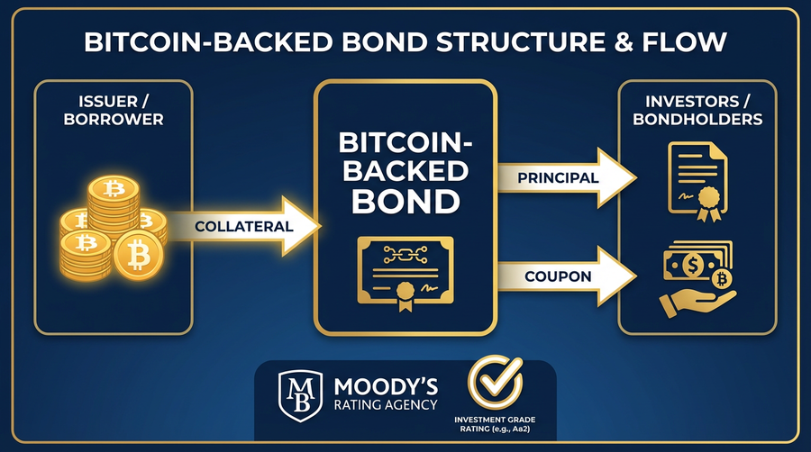Diagram showing how Bitcoin-backed bonds work with collateral, issuers, and investors