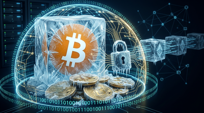 Bitcoin network visualization with quantum computing elements and frozen coin symbols