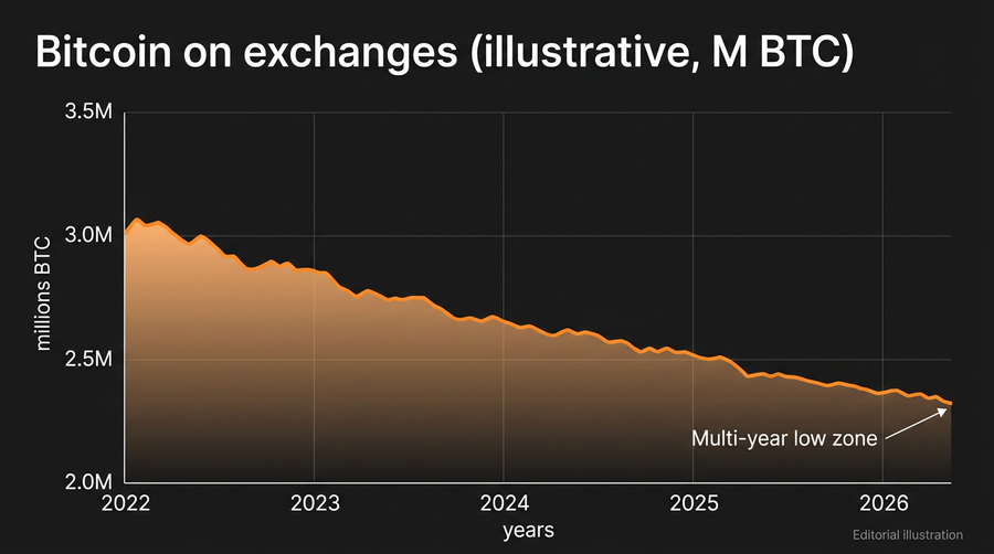 Bitcoin exchange reserves chart showing decline to multi-year lows