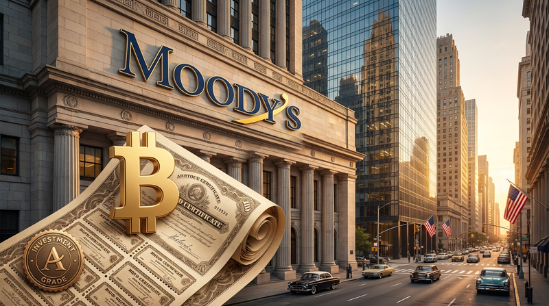 Moody's building with Bitcoin logo overlay representing crypto entering traditional bond markets