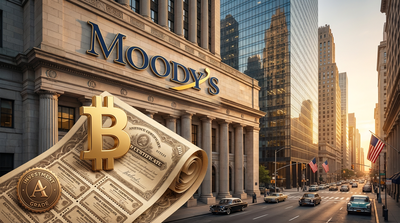 Moody's building with Bitcoin logo overlay representing crypto entering traditional bond markets
