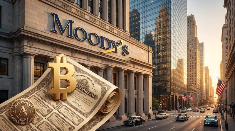 Moody's building with Bitcoin logo overlay representing crypto entering traditional bond markets