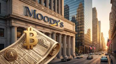 Moody's building with Bitcoin logo overlay representing crypto entering traditional bond markets