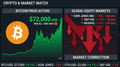 Bitcoin price chart showing surge to $72,000 alongside falling stock prices for Circle and Bullish