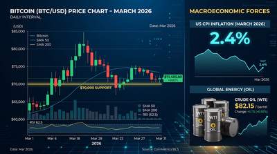 Bitcoin price chart overlaid with CPI inflation data and oil barrel imagery representing macroeconomic forces acting on crypto markets