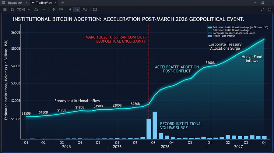 Chart showing institutional Bitcoin adoption accelerating after U.S.-Iran conflict in March 2026