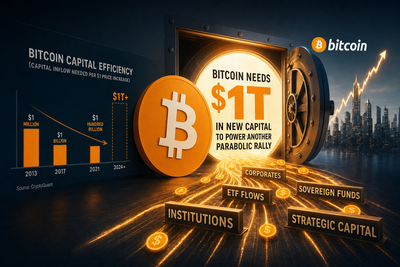 Chart showing Bitcoin capital efficiency declining across bull cycles from 2011 to 2026