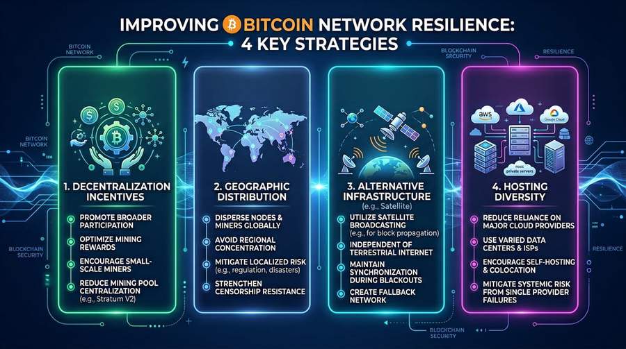 Diagram illustrating four key strategies to improve Bitcoin network resilience