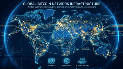 Bitcoin network nodes connected across global map showing submarine cables and hosting infrastructure