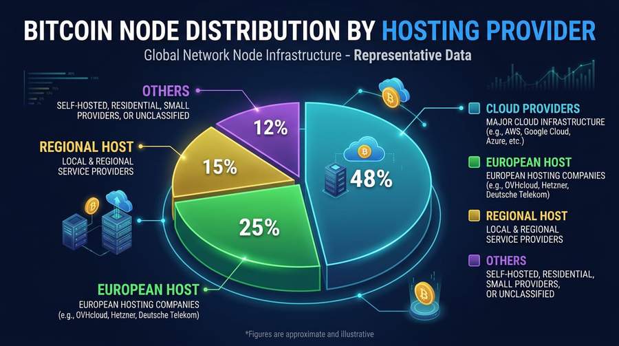 Pie chart showing Bitcoin node distribution across major hosting providers