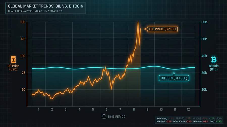 Chart showing inverse correlation between Bitcoin and oil prices with -0.67 coefficient