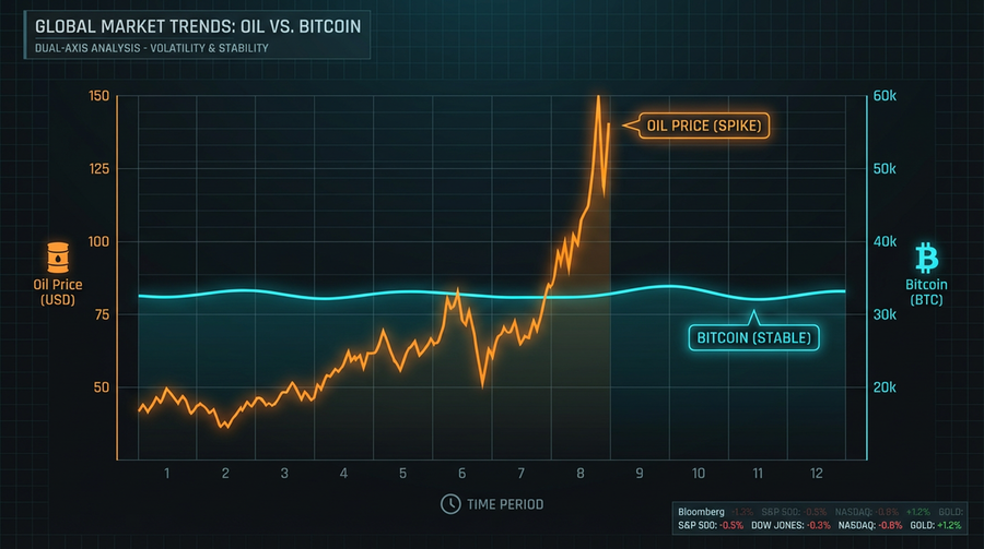 Chart showing inverse correlation between Bitcoin and oil prices with -0.67 coefficient