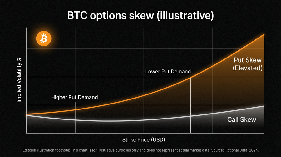 Bitcoin options put-call skew chart showing sharp increase to 18% in April 2026