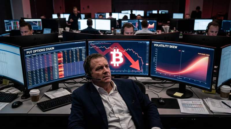 Bitcoin price chart showing downward pressure indicators and options trading data