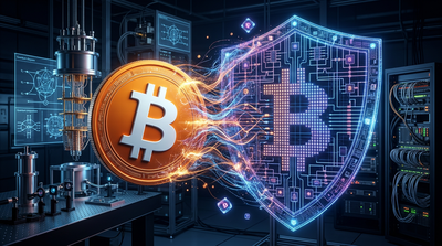Bitcoin logo with quantum computing circuit patterns overlaid