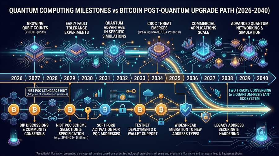 Timeline showing quantum computing development threatening Bitcoin security by 2029