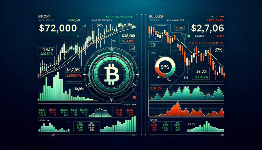 Chart showing Bitcoin price rising to $72,000 while Circle and Bullish stock prices fall sharply