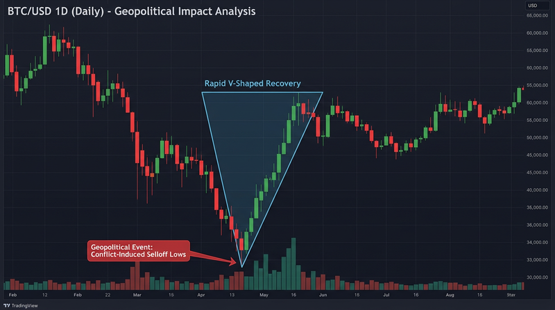 Bitcoin price chart showing recovery after geopolitical selloff