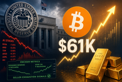 Bitcoin price chart rising above $61,000 alongside falling Nasdaq futures and gold rallying
