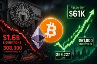 Bitcoin price chart showing recovery from $59,227 to $61,000 with liquidation data overlay
