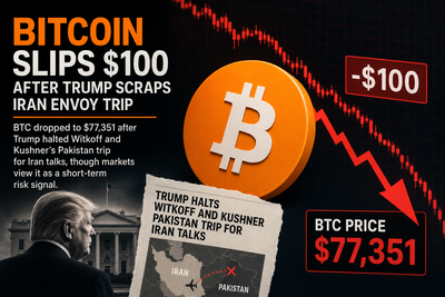 Bitcoin price chart showing $100 drop to $77,351 with geopolitical news headline about Trump canceling Iran talks envoy trip