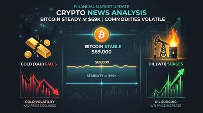 Bitcoin price chart showing stability at $69,000 while gold and oil charts display volatility