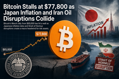 Bitcoin price chart showing stalled rally near $77,800 with oil barrels and Japanese yen symbols