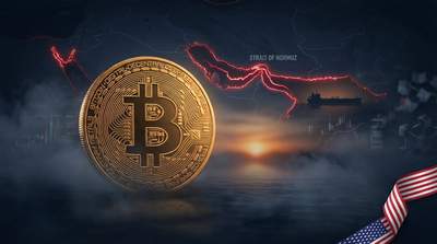 Bitcoin price chart with Middle East map highlighting Strait of Hormuz shipping route