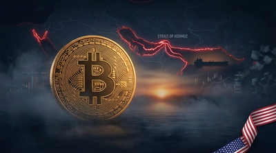 Bitcoin price chart with Middle East map highlighting Strait of Hormuz shipping route