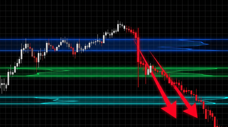 Bitcoin technical chart showing broken support levels and downward price trajectory