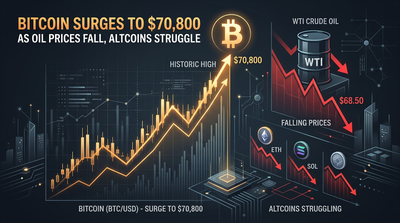 Bitcoin price chart showing surge to $70,800 with oil barrel in background