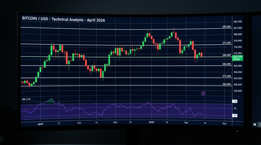 Bitcoin technical analysis chart showing ascending triangle pattern and key resistance levels for April 2026