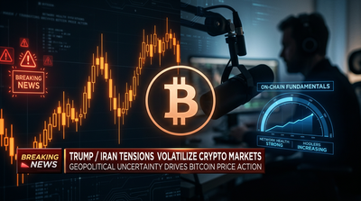 Bitcoin price chart with news headlines about Iran overlaid, showing market volatility
